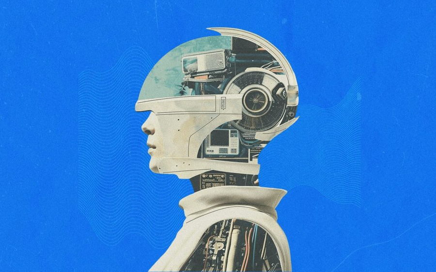 Collage rétro : une tête de robot ouverte laissant voir ses circuits, illustrant la création d'un SaaS sans coder