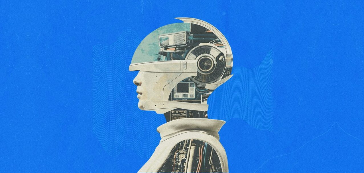 Collage rétro : une tête de robot ouverte laissant voir ses circuits, illustrant la création d'un SaaS sans coder