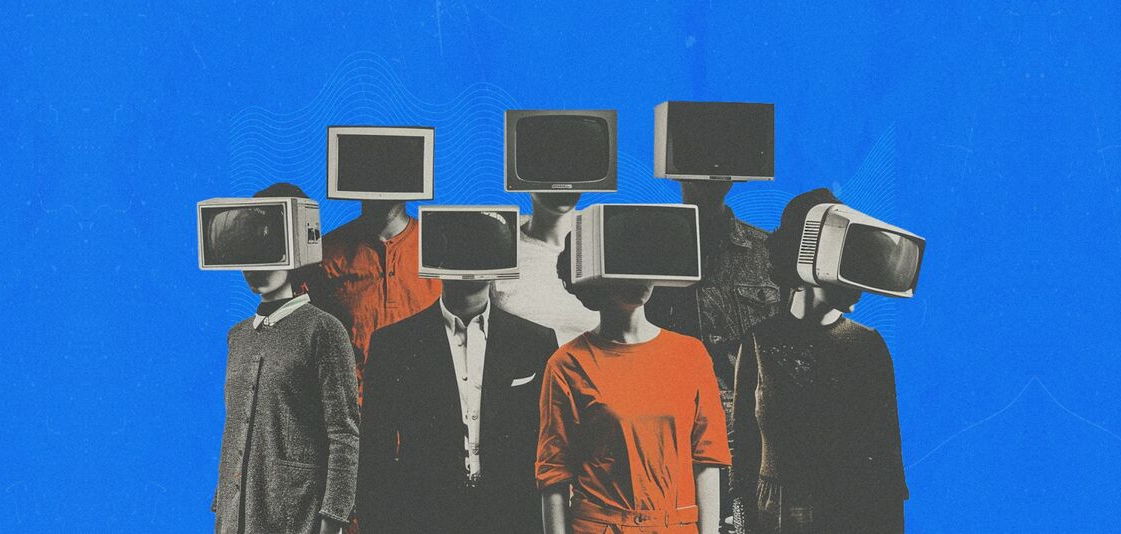 Collage rétro : un groupe de personnes dont les têtes sont des téléviseurs, illustrant la recherche de logiciels SaaS en marque blanche
